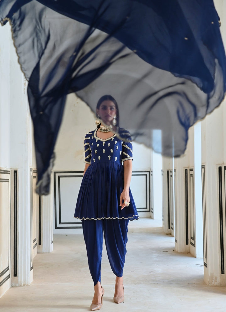 Blue Crepe Embroidered Peplum Kurta Set With Dhoti Ease - Fabilicious Fashion