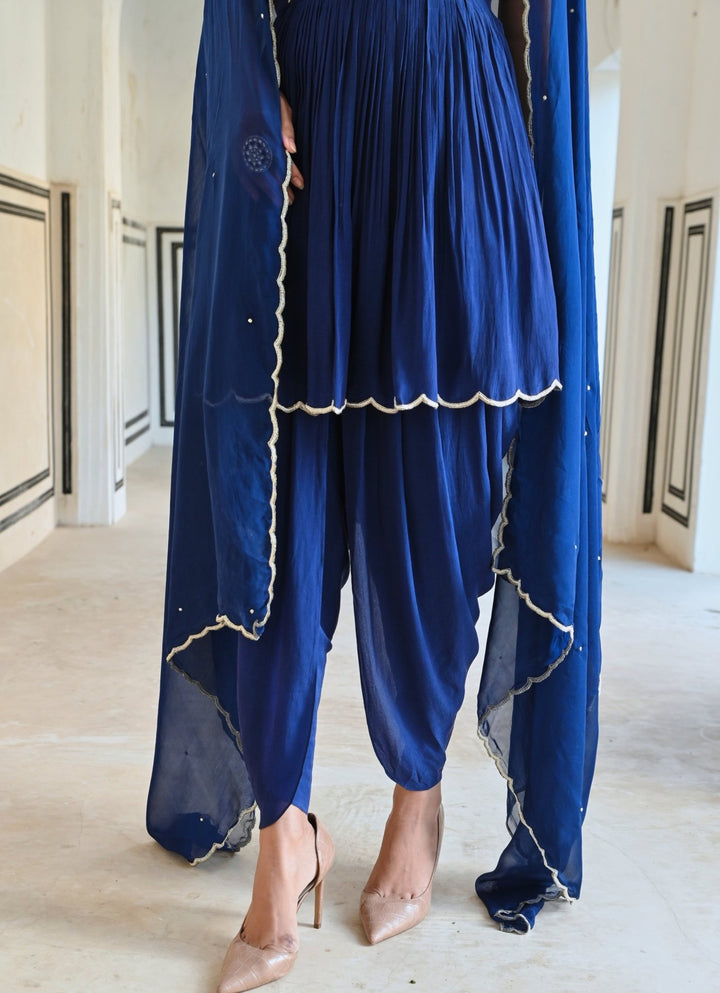 Blue Crepe Embroidered Peplum Kurta Set With Dhoti Ease - Fabilicious Fashion