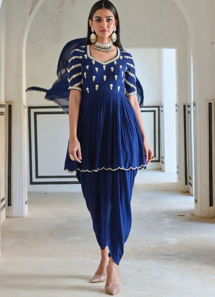 Blue Crepe Embroidered Peplum Kurta Set With Dhoti Ease - Fabilicious Fashion
