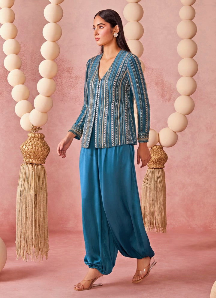 Chamee And Palak Blue Crepe Jacket Pants SetFabilicious Fashion