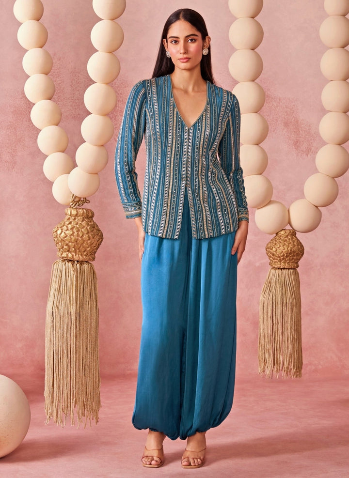 Chamee And Palak Blue Crepe Jacket Pants SetFabilicious Fashion
