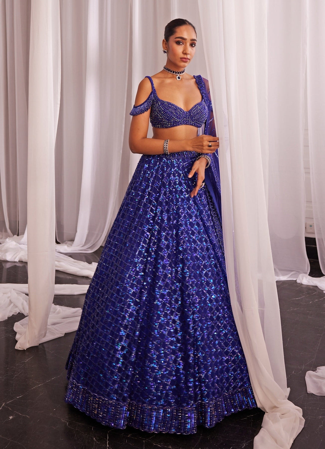 Blue Crystal And Sequin Embroidered Lehenga Set Vvani By Vani Vats - Fabilicious Fashion