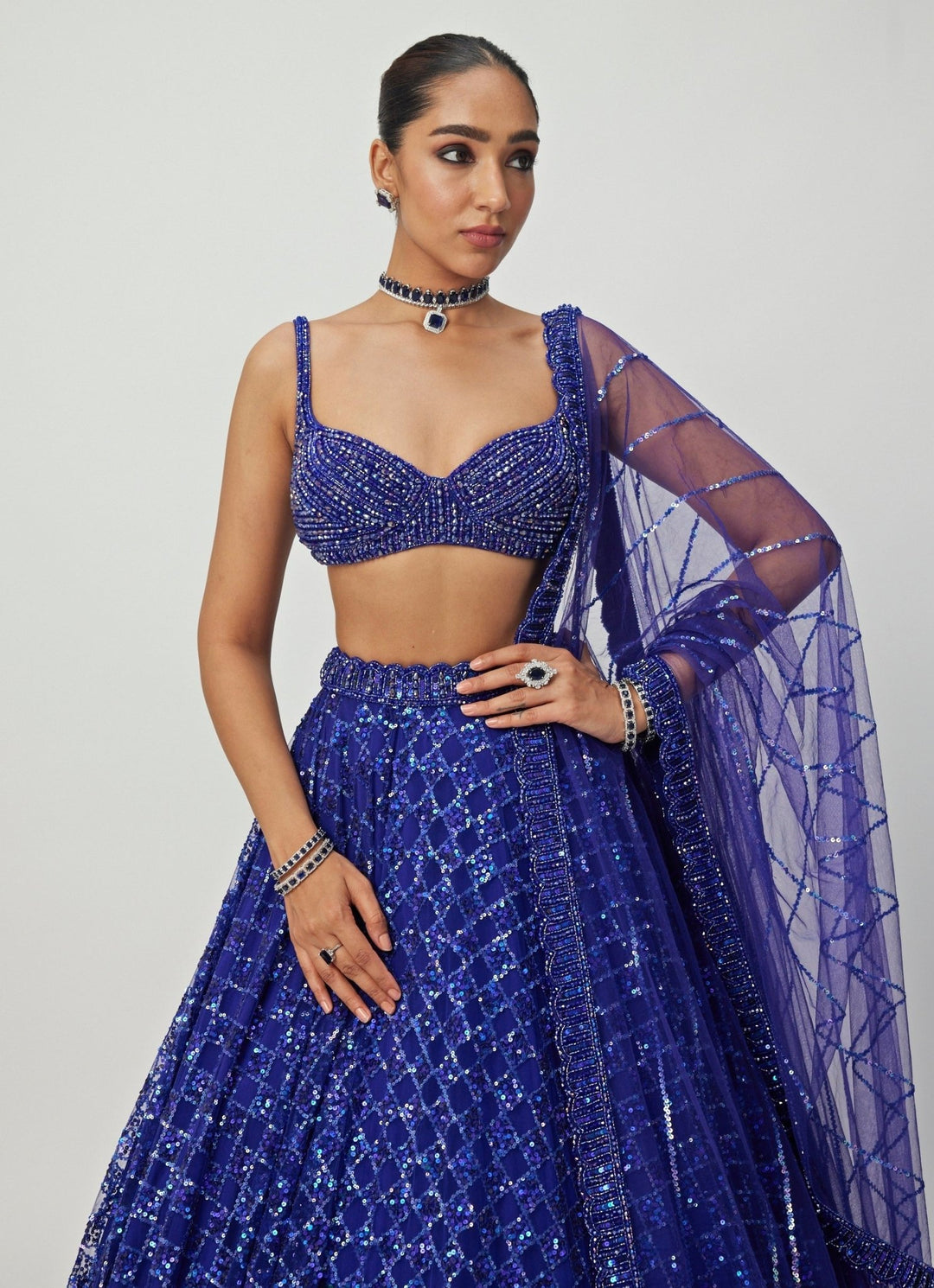 Blue Crystal And Sequin Embroidered Lehenga Set Vvani By Vani Vats - Fabilicious Fashion