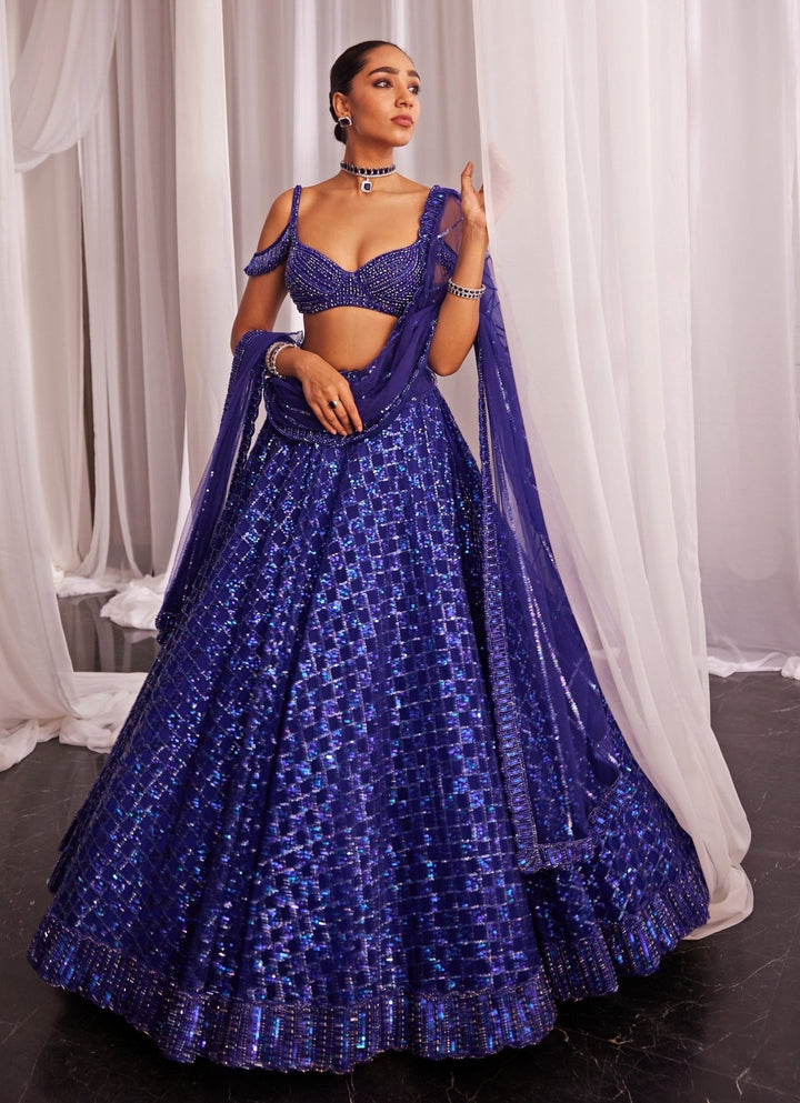 Blue Crystal And Sequin Embroidered Lehenga Set Vvani By Vani Vats - Fabilicious Fashion