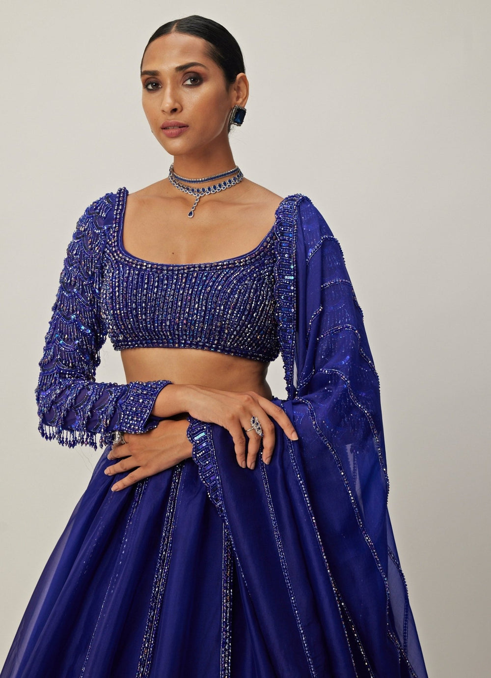 Blue Crystal And Sequin Embroidered Organza Lehenga Vvani By Vani Vats - Fabilicious Fashion
