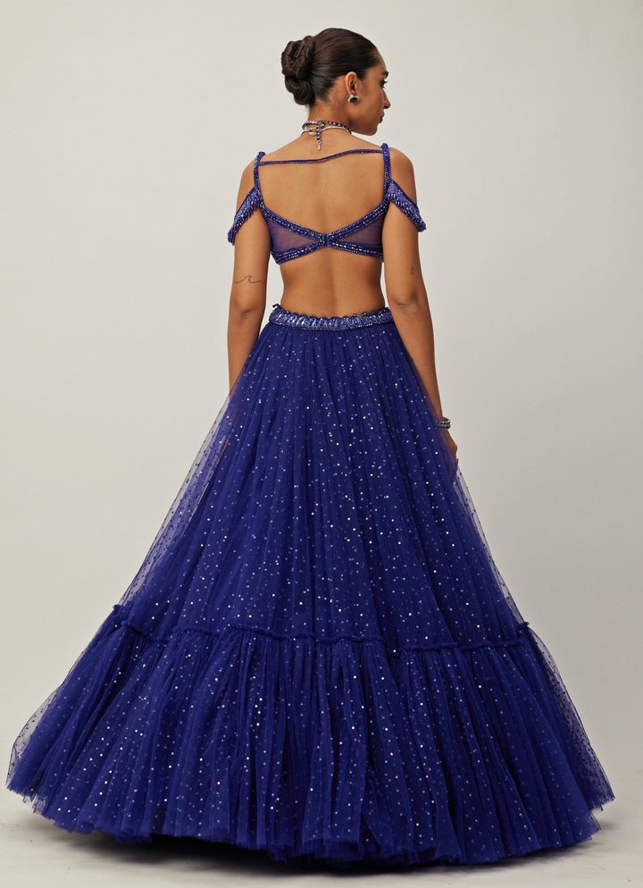 Blue Crystal And Sequin Embroidered Tulle Lehenga Set Vvani By Vani Vats - Fabilicious Fashion