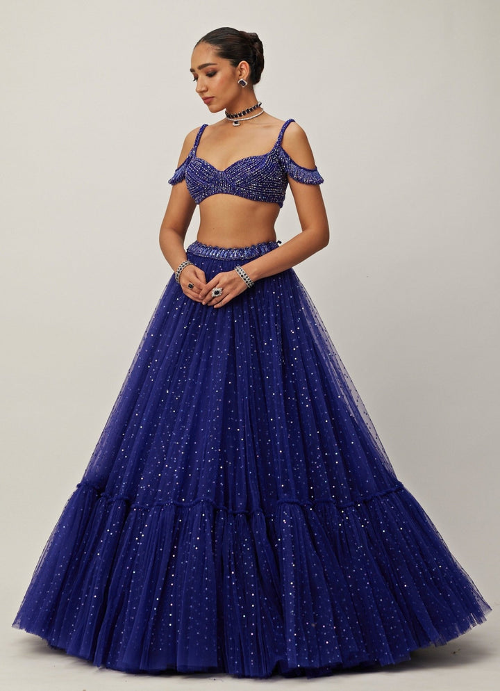 Blue Crystal And Sequin Embroidered Tulle Lehenga Set Vvani By Vani Vats - Fabilicious Fashion