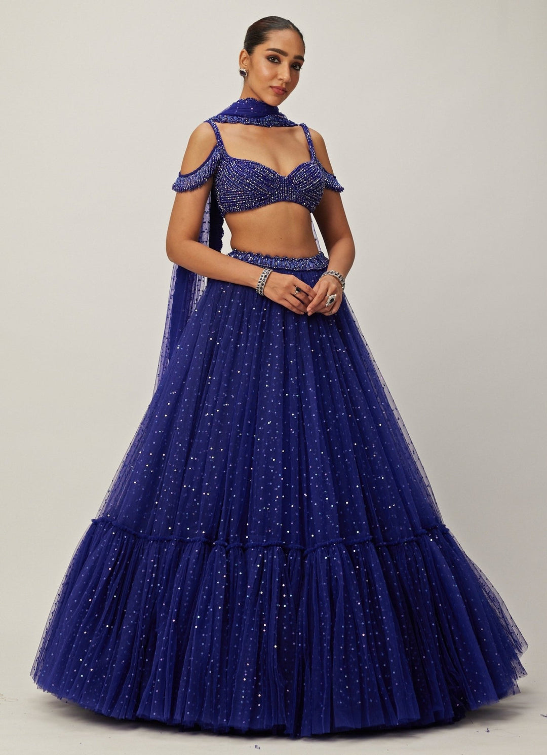 Blue Crystal And Sequin Embroidered Tulle Lehenga Set Vvani By Vani Vats - Fabilicious Fashion