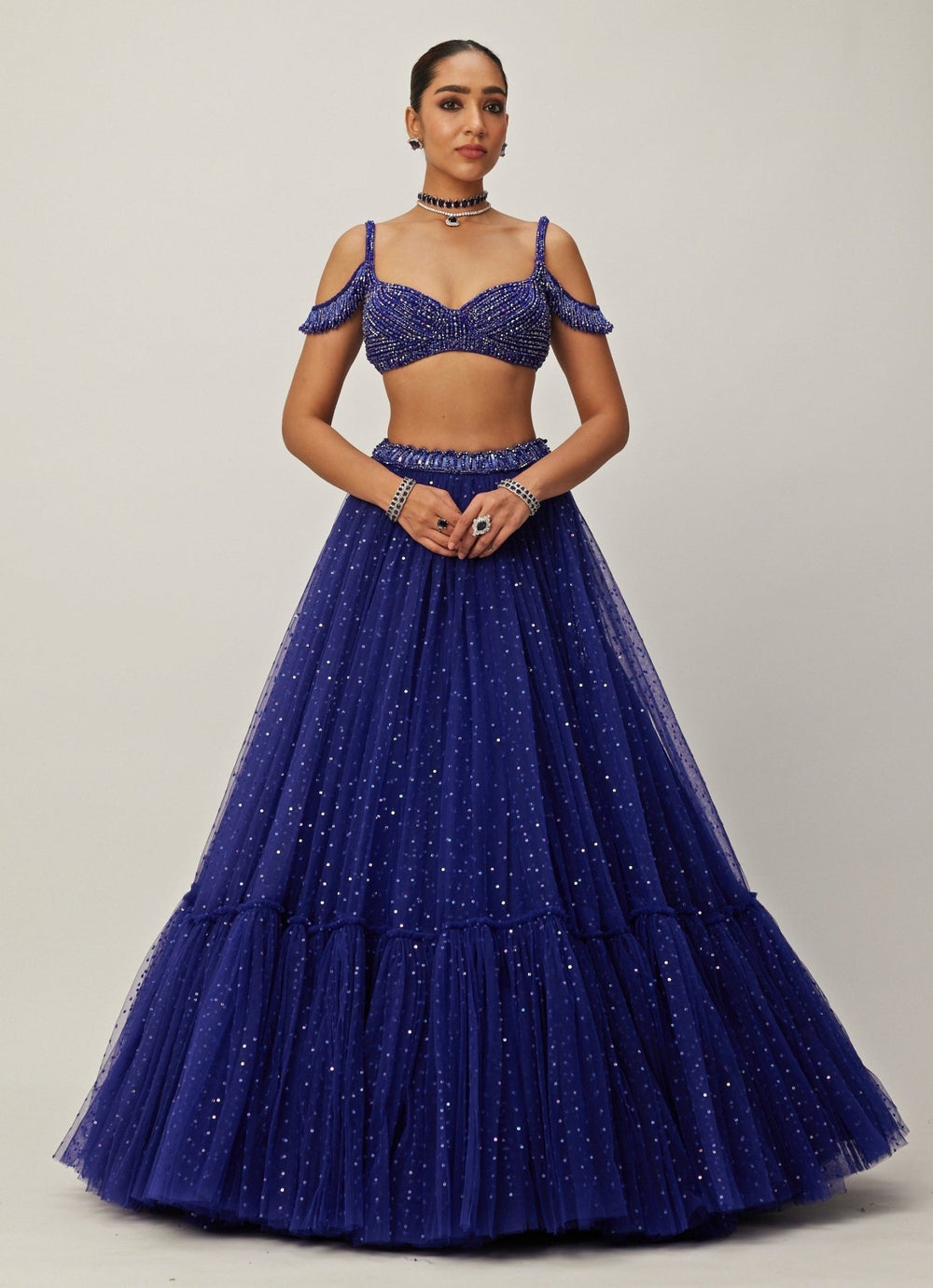 Blue Crystal And Sequin Embroidered Tulle Lehenga Set Vvani By Vani Vats - Fabilicious Fashion