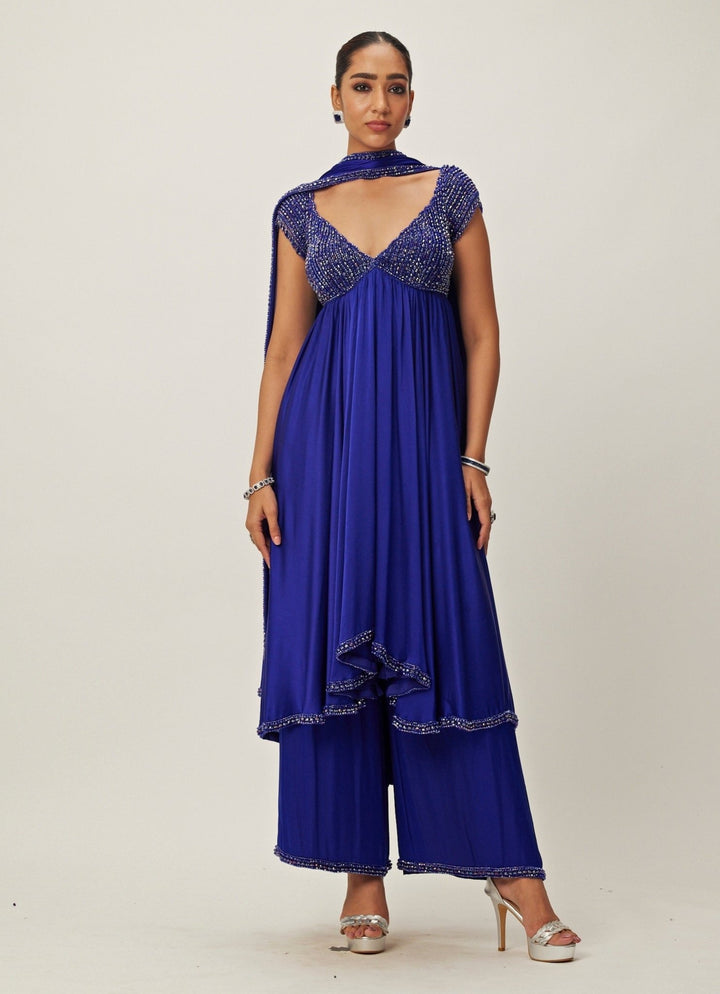 Blue Crystal And Sequin Hand Embroidered Kurta Pant Set Vvani By Vani Vats - Fabilicious Fashion