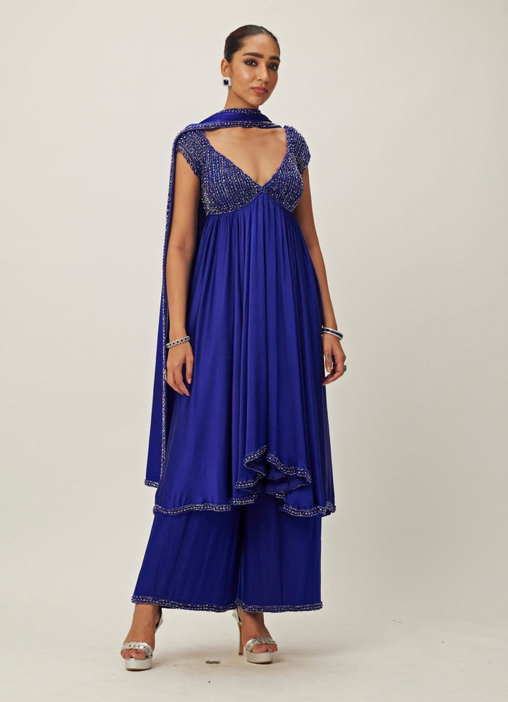 Blue Crystal And Sequin Hand Embroidered Kurta Pant Set Vvani By Vani Vats - Fabilicious Fashion