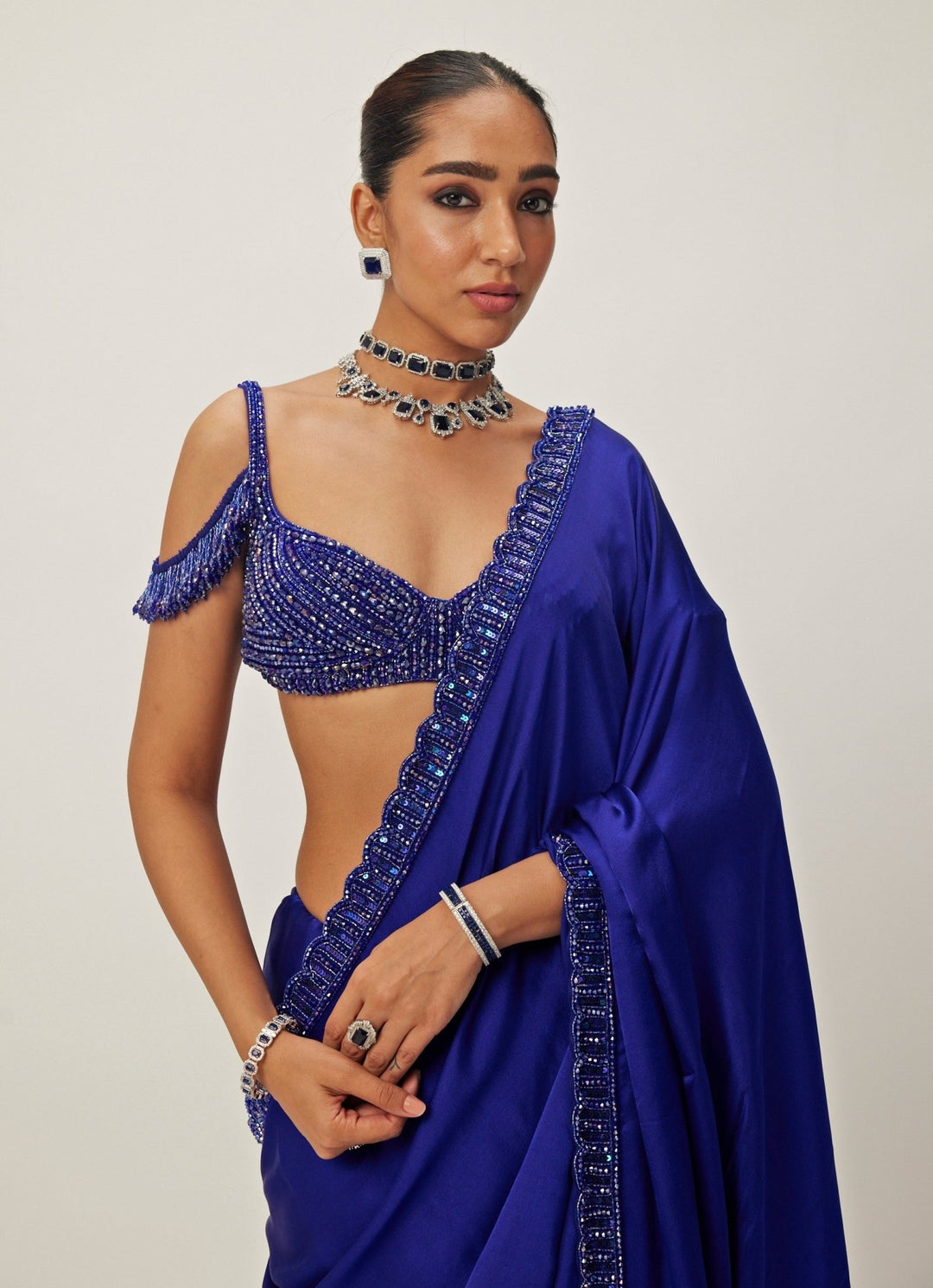 Blue Crystal And Sequin Hand Embroidered Satin Saree Set Vvani By Vani Vats - Fabilicious Fashion