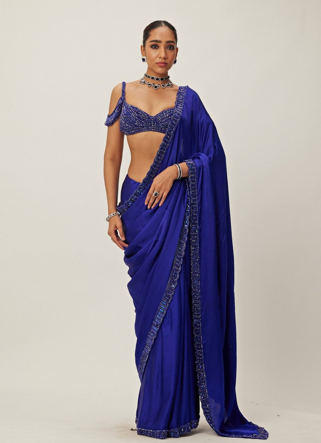Blue Crystal And Sequin Hand Embroidered Satin Saree Set Vvani By Vani Vats - Fabilicious Fashion
