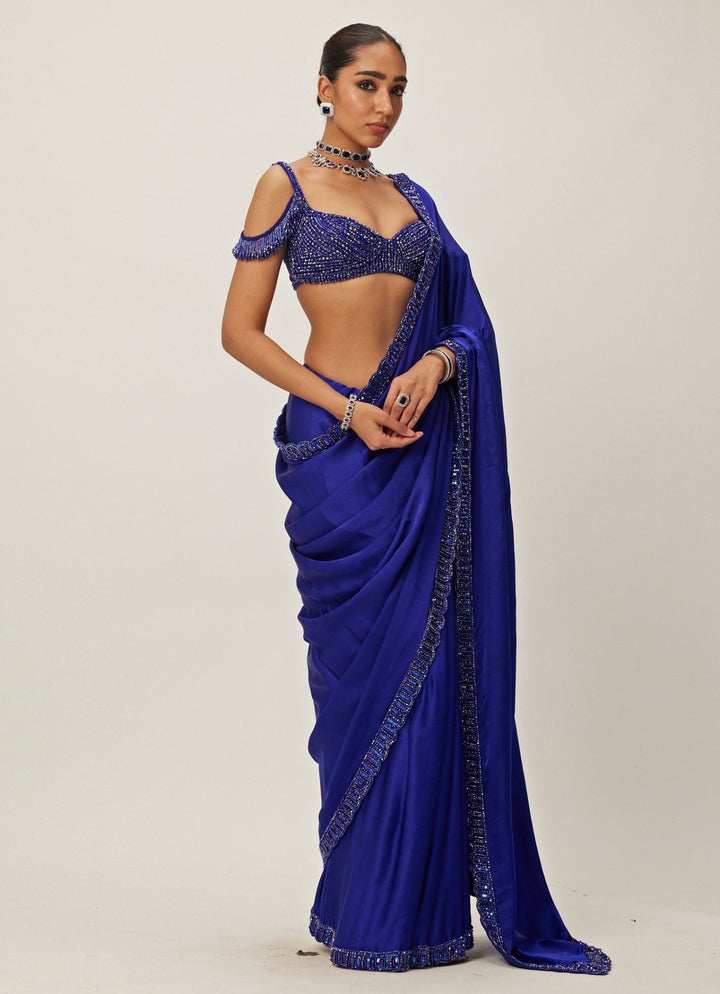 Blue Crystal And Sequin Hand Embroidered Satin Saree Set Vvani By Vani Vats - Fabilicious Fashion
