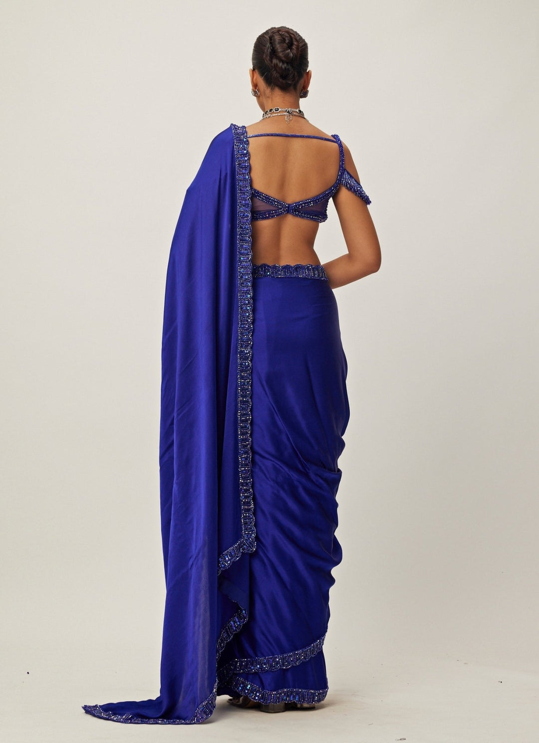 Blue Crystal And Sequin Hand Embroidered Satin Saree Set Vvani By Vani Vats - Fabilicious Fashion