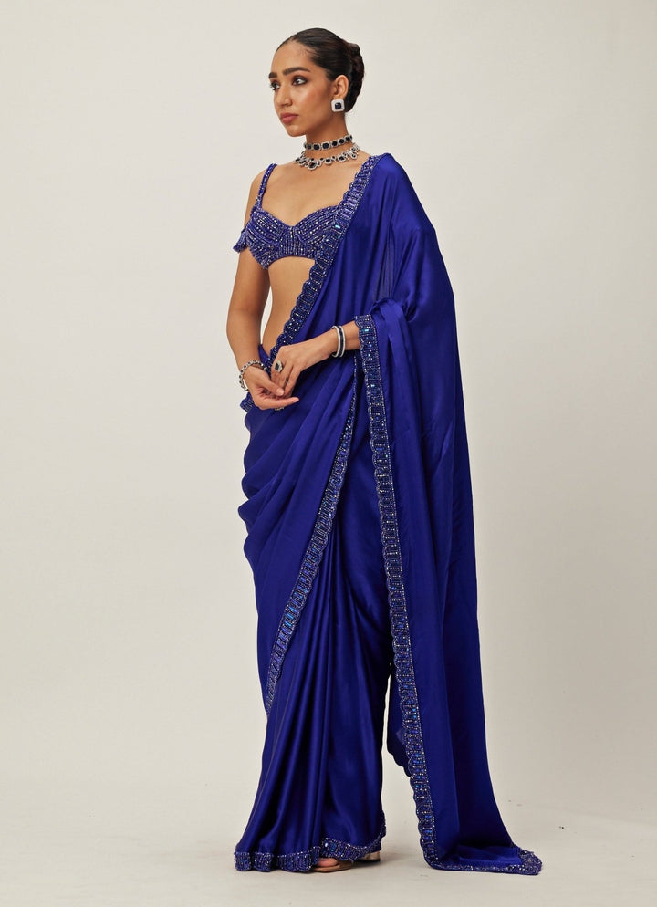 Blue Crystal And Sequin Hand Embroidered Satin Saree Set Vvani By Vani Vats - Fabilicious Fashion