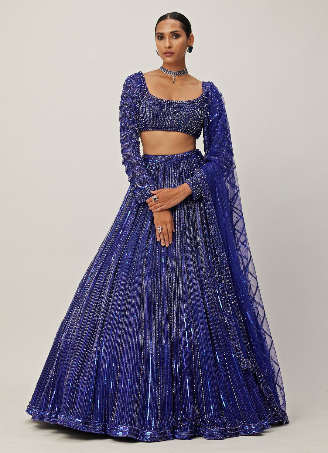 Blue Crystal Linear Embroidered Georgette Lehenga Set Vvani By Vani Vats - Fabilicious Fashion