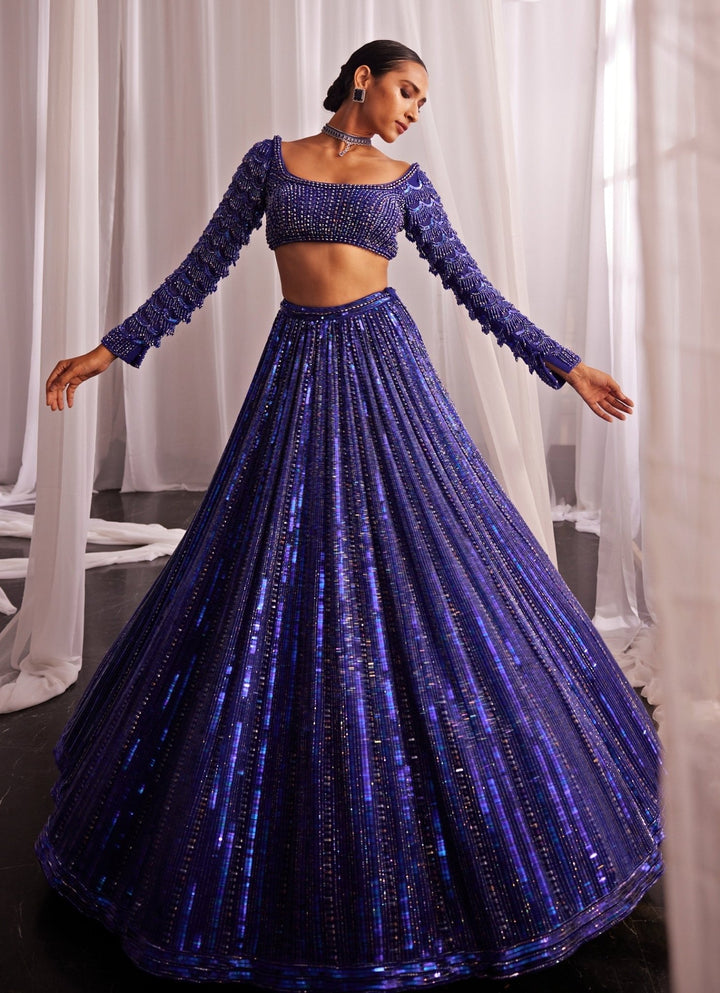 Blue Crystal Linear Embroidered Georgette Lehenga Set Vvani By Vani Vats - Fabilicious Fashion