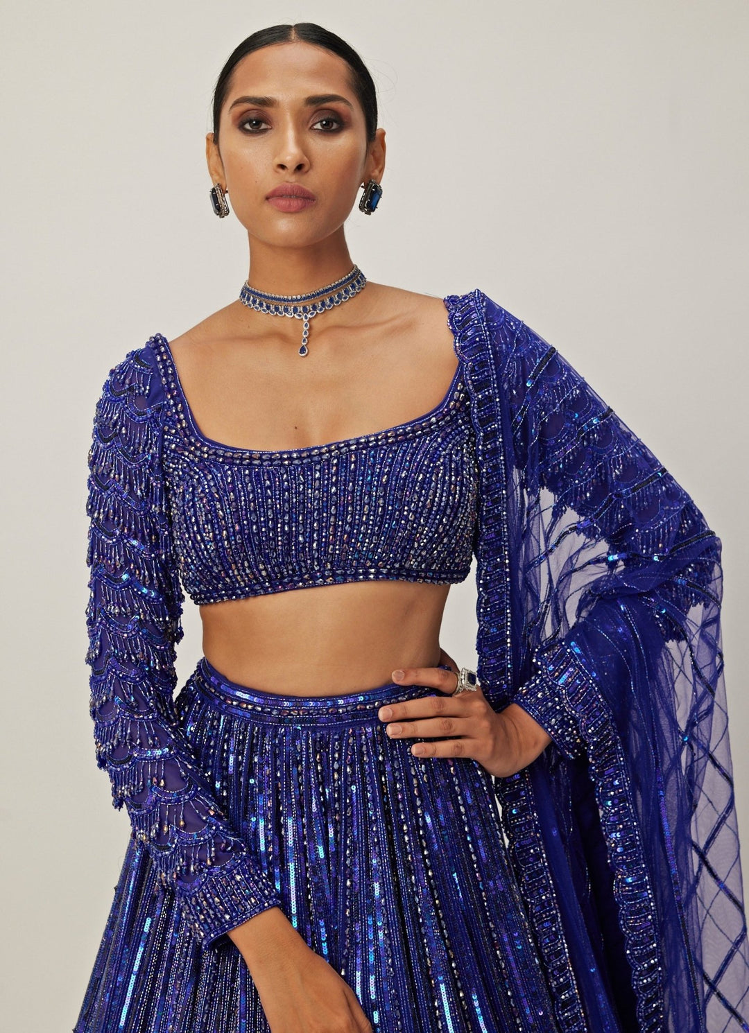 Blue Crystal Linear Embroidered Georgette Lehenga Set Vvani By Vani Vats - Fabilicious Fashion