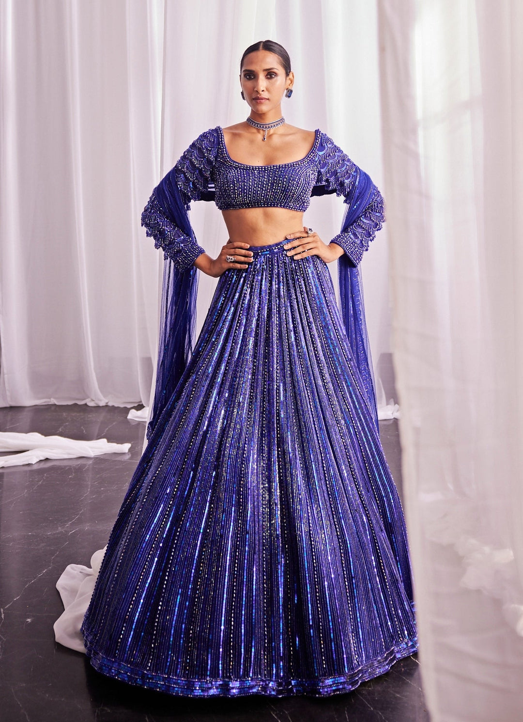 Blue Crystal Linear Embroidered Georgette Lehenga Set Vvani By Vani Vats - Fabilicious Fashion