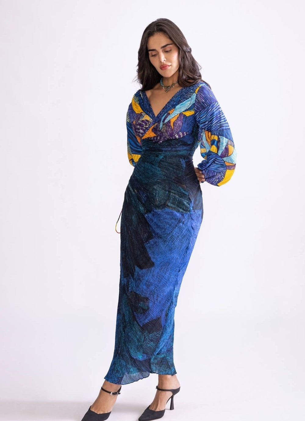 Blue Daisy And Tribal Print Dress Saaksha & Kinni - Fabilicious Fashion