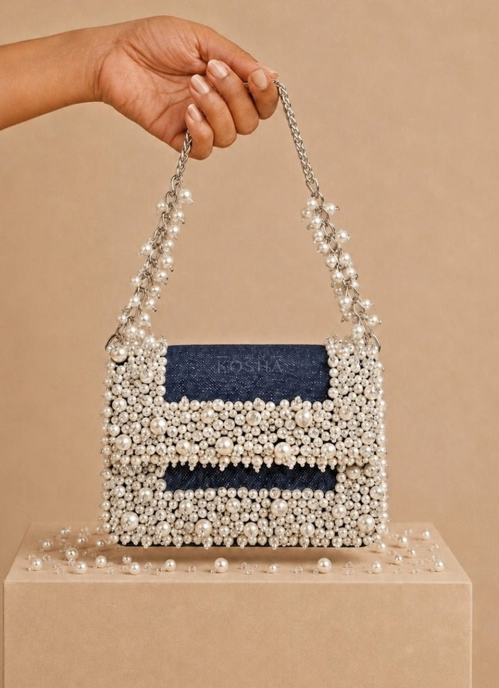 House of Kosha Blue Denim Pearl Embellished ClutchFabilicious Fashion