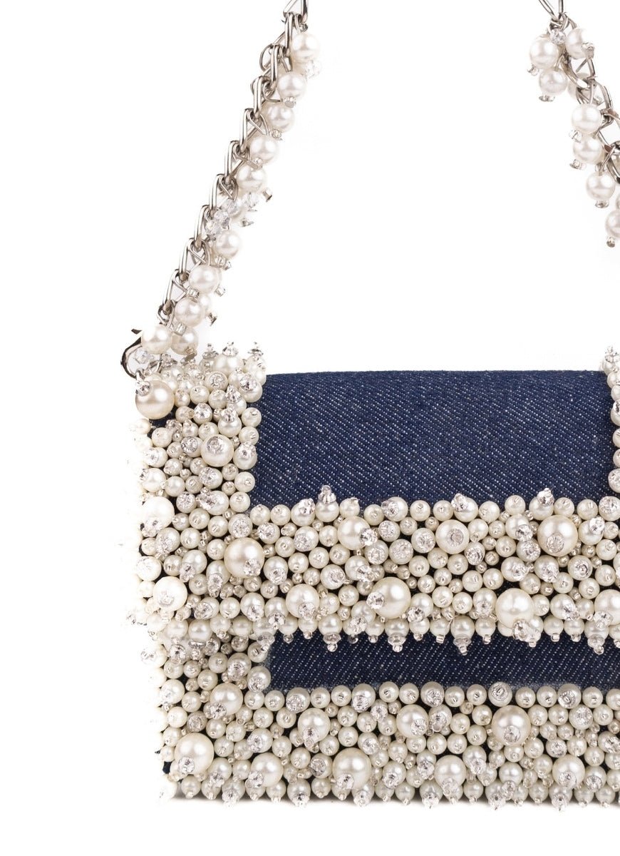 Blue Denim Pearl Embellished Mini Bag House of Kosha - Fabilicious Fashion