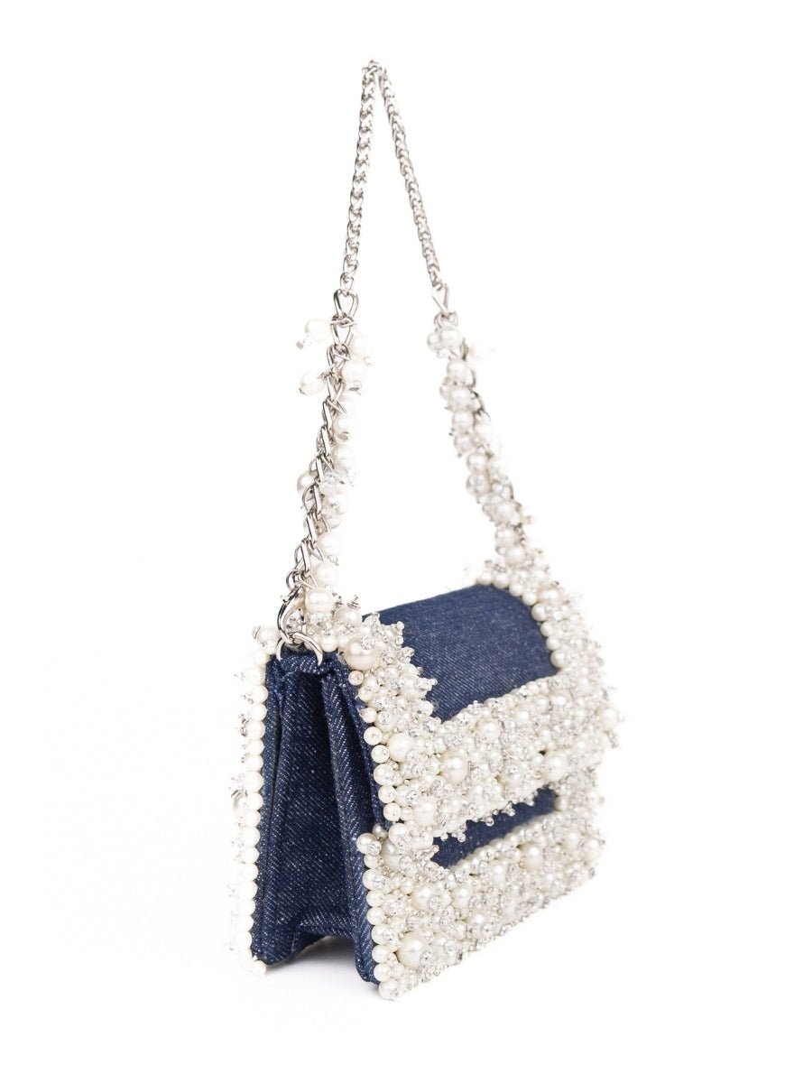 Blue Denim Pearl Embellished Mini Bag House of Kosha - Fabilicious Fashion