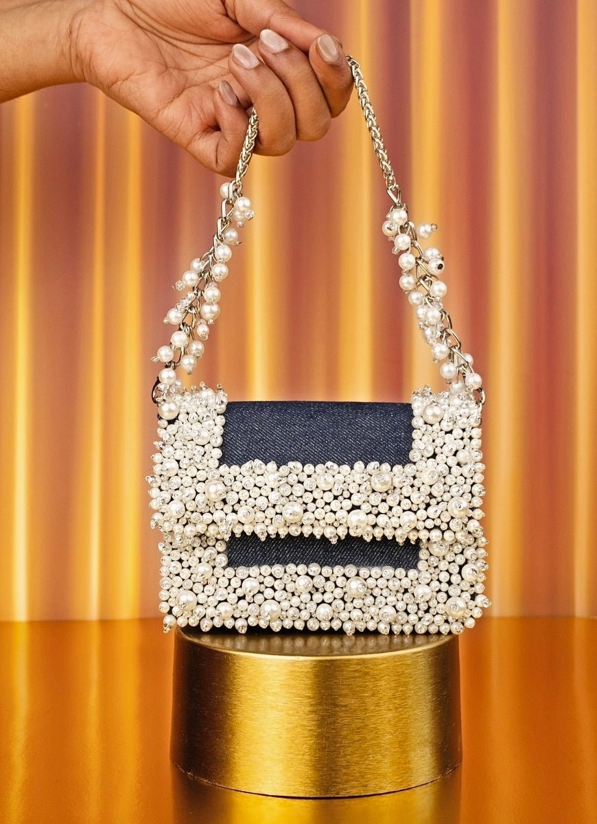 Blue Denim Pearl Embellished Mini Bag House of Kosha - Fabilicious Fashion