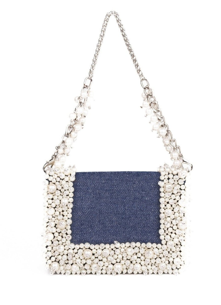 Blue Denim Pearl Embellished Mini Bag House of Kosha - Fabilicious Fashion