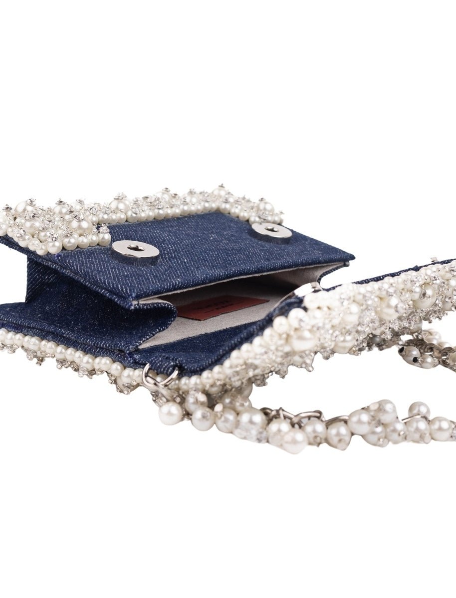 Blue Denim Pearl Embellished Mini Bag House of Kosha - Fabilicious Fashion