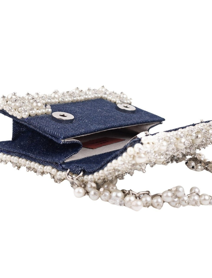 Blue Denim Pearl Embellished Mini Bag House of Kosha - Fabilicious Fashion