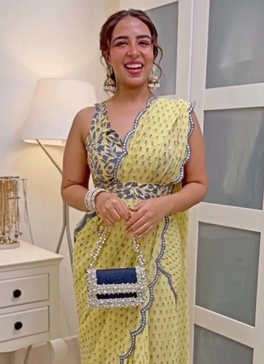 Blue Denim Pearl Embellished Mini Bag House of Kosha - Fabilicious Fashion