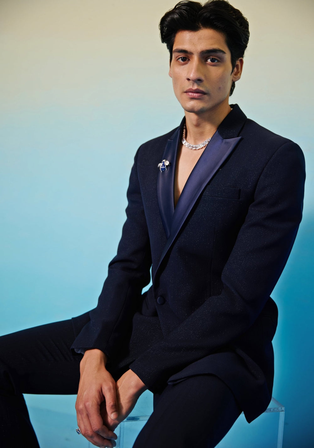 Blue Double Breasted Suit Contrast by Parth - Fabilicious Fashion