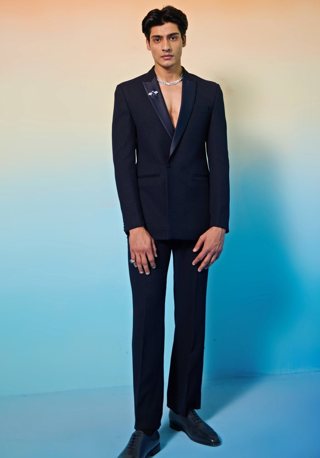 Blue Double Breasted Suit Contrast by Parth - Fabilicious Fashion