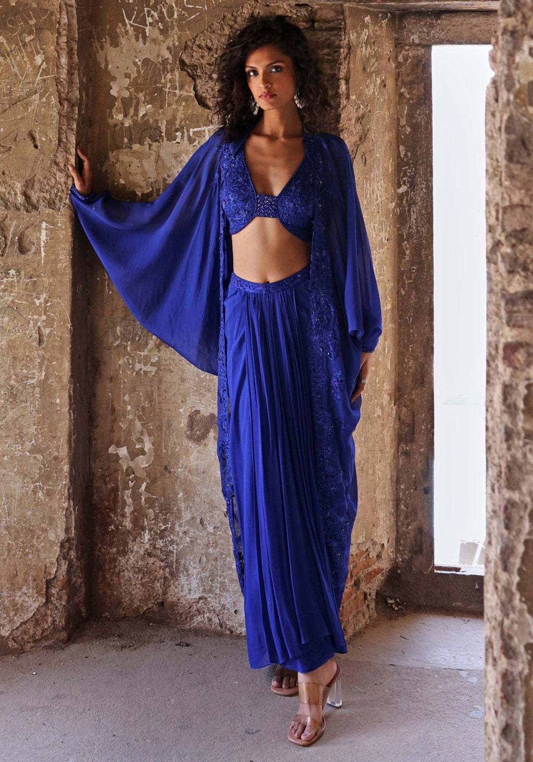 Blue Draped Skirt set with Cape Seema Thukral - Fabilicious Fashion