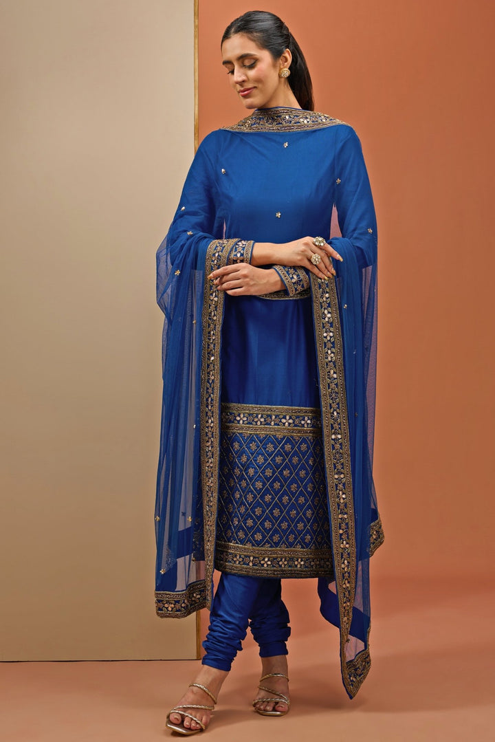 Blue Embellished Chanderi Straight Kurta Pant Set Esha Koul - Fabilicious Fashion