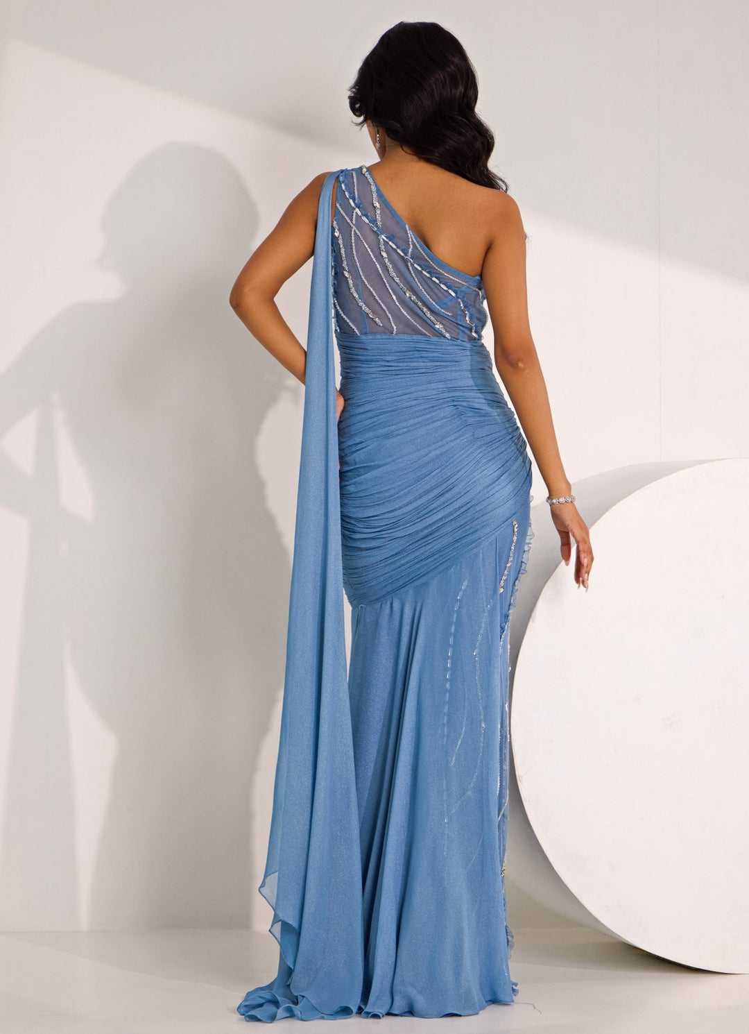 Blue Embellished One Shoulder Gown Silky Bindra - Fabilicious Fashion