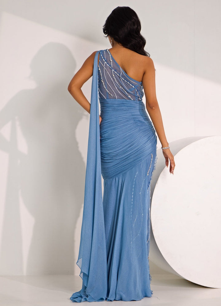 Blue Embellished One Shoulder Gown Silky Bindra - Fabilicious Fashion