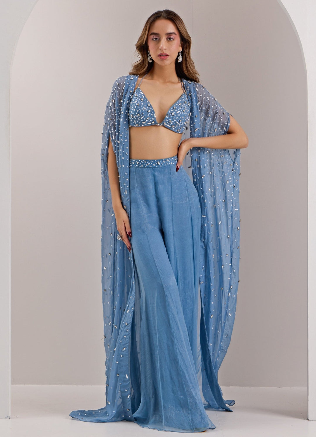 Blue Embellished Pant With Cape Silky Bindra - Fabilicious Fashion