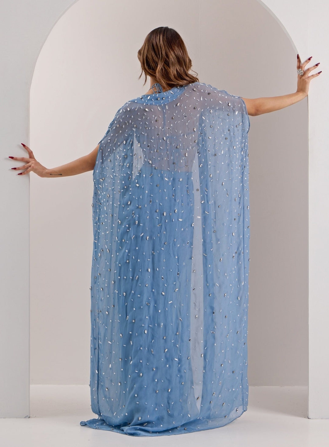 Blue Embellished Pant With Cape Silky Bindra - Fabilicious Fashion