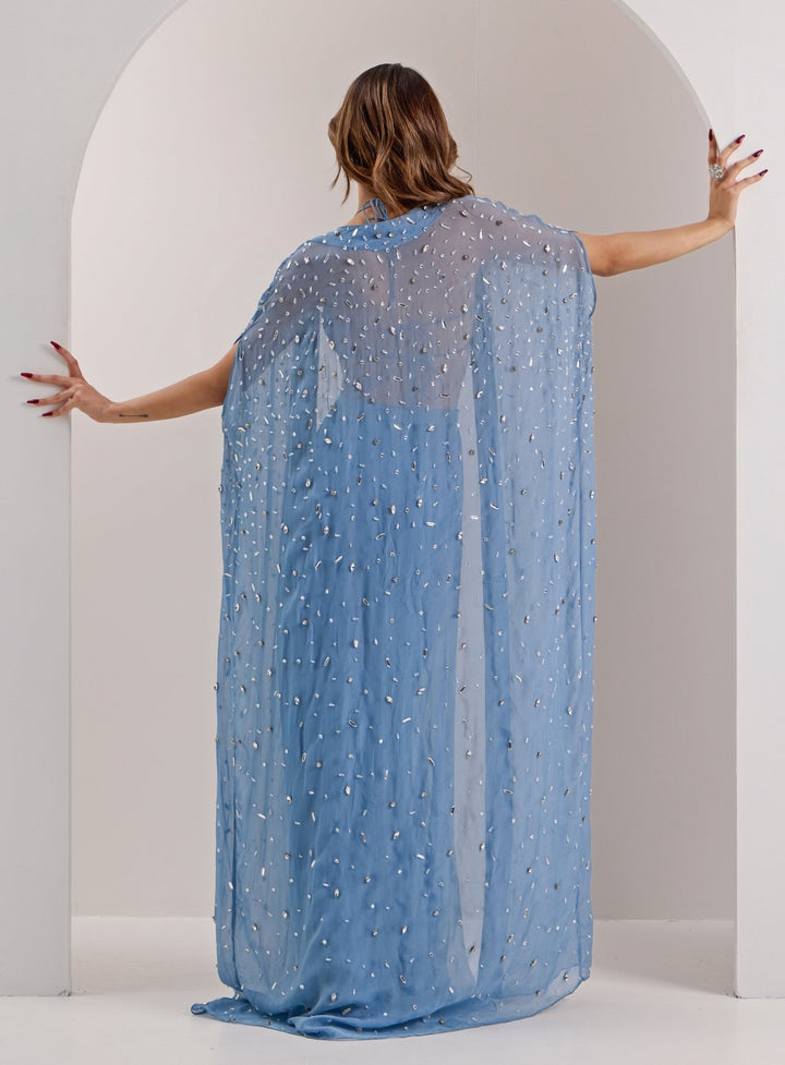 Blue Embellished Pant With Cape Silky Bindra - Fabilicious Fashion