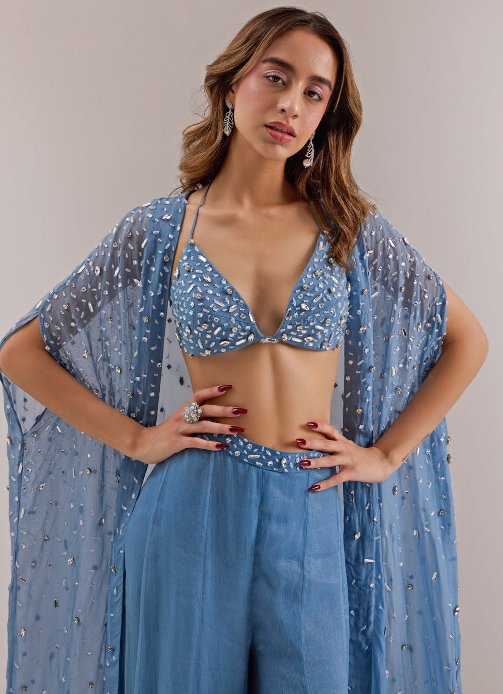 Blue Embellished Pant With Cape Silky Bindra - Fabilicious Fashion