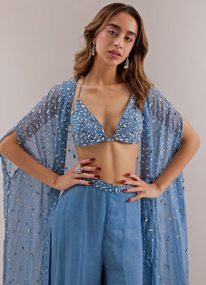 Blue Embellished Pant With Cape Silky Bindra - Fabilicious Fashion