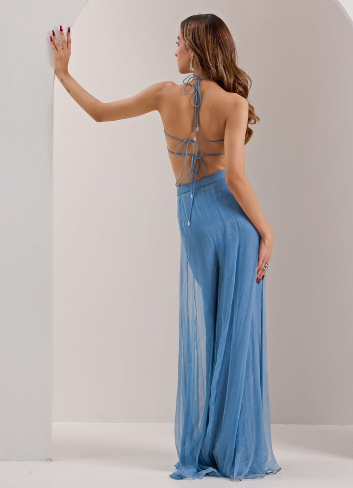Blue Embellished Pant With Cape Silky Bindra - Fabilicious Fashion