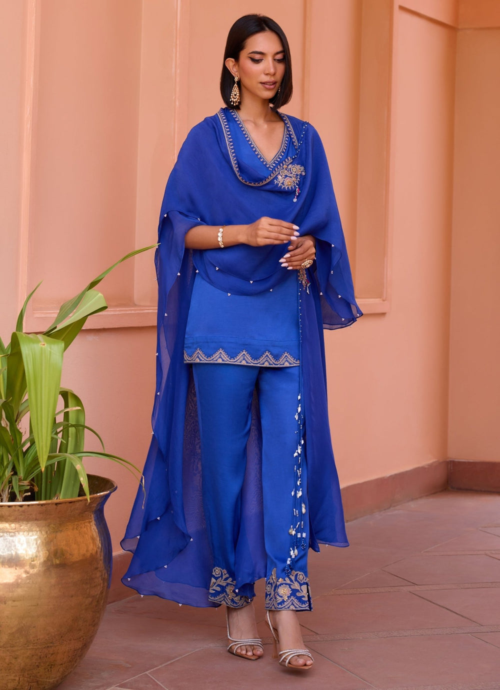 Blue Embellished Satin Kurta Set With Cape Isha Gupta Tayal - Fabilicious Fashion