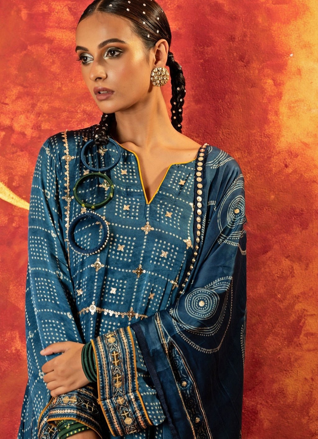 Blue Embroidered And Hand - Blocked Satin Kurta Pant Set Prahnaaya - Fabilicious Fashion
