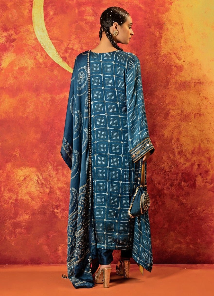 Blue Embroidered And Hand - Blocked Satin Kurta Pant Set Prahnaaya - Fabilicious Fashion