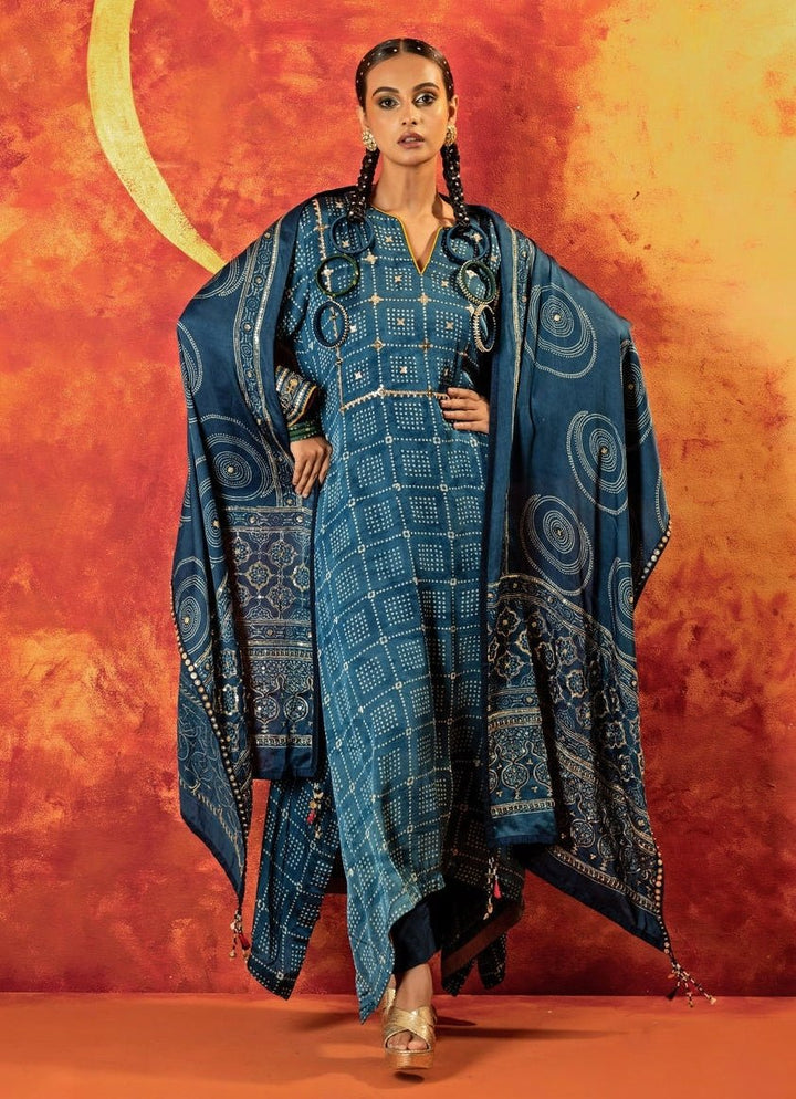 Blue Embroidered And Hand - Blocked Satin Kurta Pant Set Prahnaaya - Fabilicious Fashion