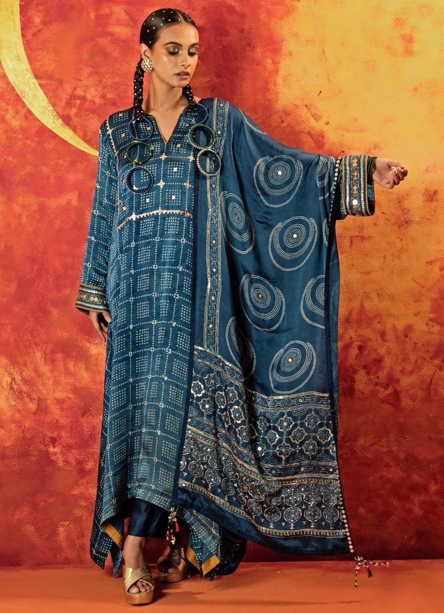 Blue Embroidered And Hand - Blocked Satin Kurta Pant Set Prahnaaya - Fabilicious Fashion